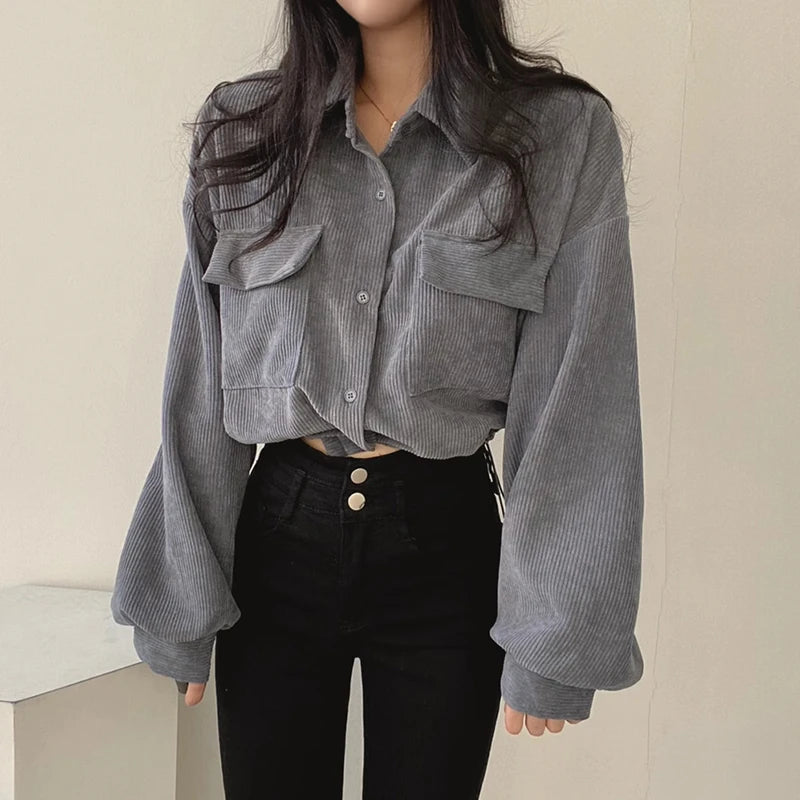 pantsparadises Corduroy Women Casual Shirts Autumn Korean Retro Pockets Female Blouse Bandage All Match Long Sleeve Ladies Ladies Crop Tops