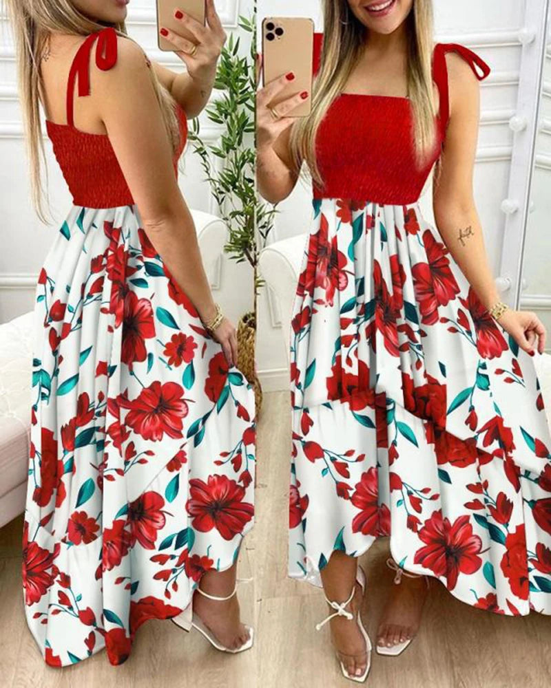 pantsparadises Summer Sexy Spaghetti Strap Floral Print Maxi Dress For Women Casual Elegant Chest Wrap Long Woman Beach Dress Holiday