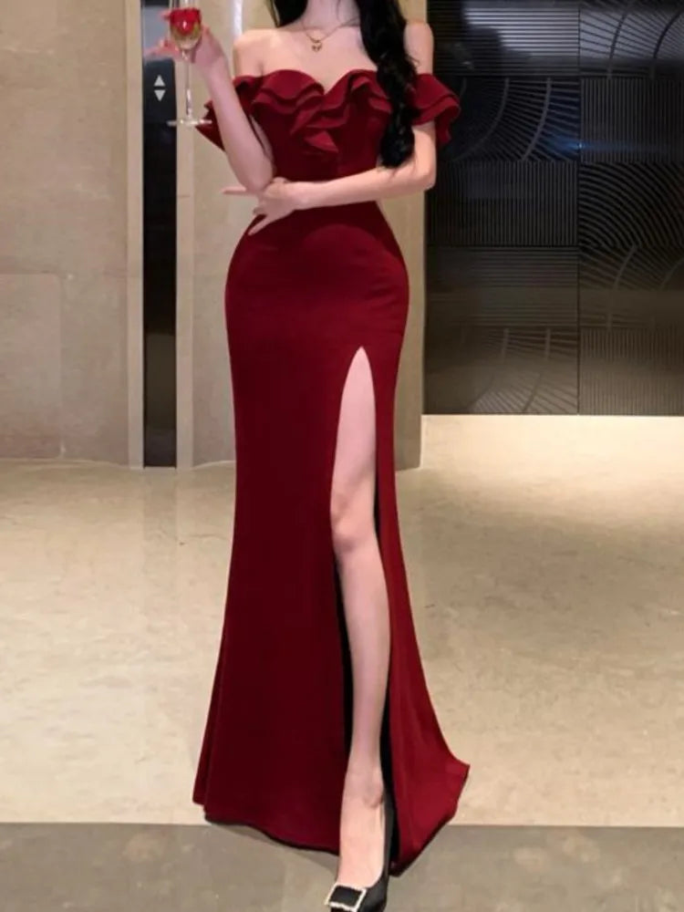 pantsparadises Christmas DRESS TO IMPRESS Sexy Bodycon Long Dresses for Women Wedding Evening Party Prom Robe Ruffles Slash Neck High Split Hollow Out Summer New Vestido