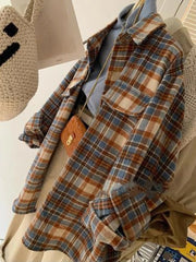 pantsparadises FALL OUTFIT Plaid Woolen Shirts Women Tops Vintage Baggy Casual Outwear Fashion Korean Style Pockets All-match Chic Lapel Camisas De Mujer