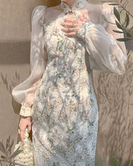 Vintage Elegant Cheongsam Dress Women Floral Embroidery Design Party Fairy Dress Female Spring Court Retro Long Split Dress