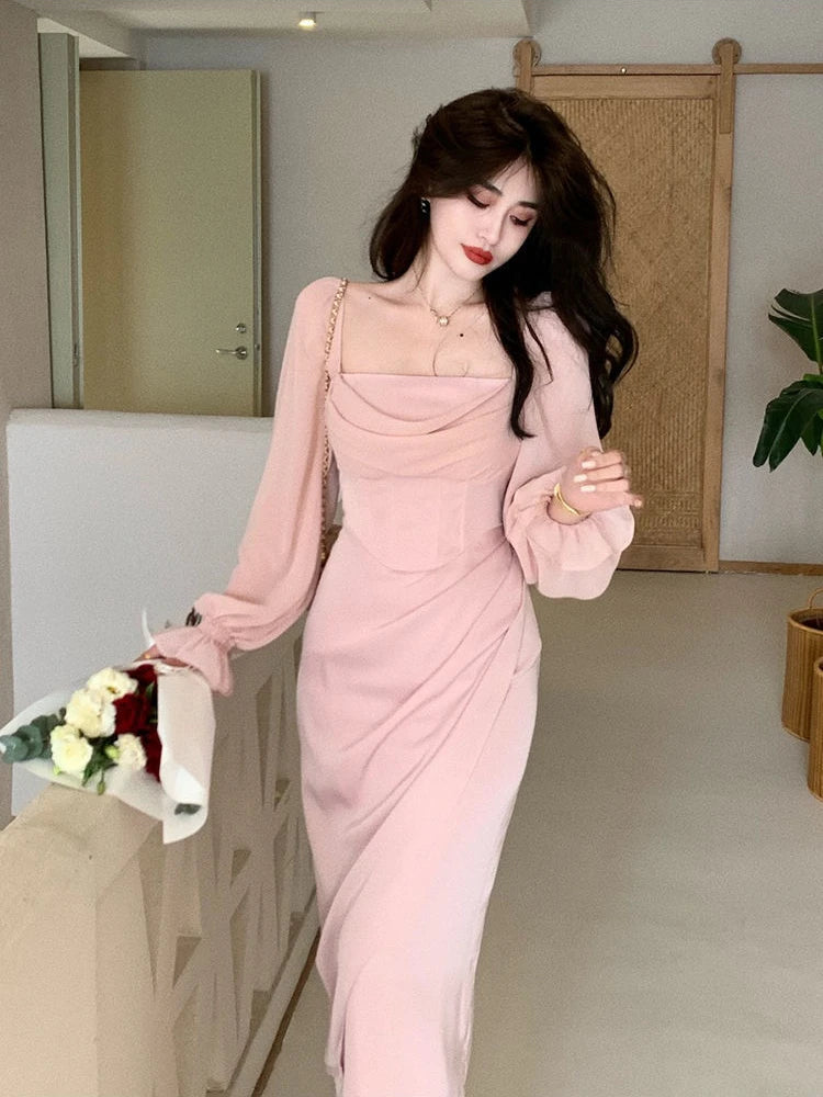 pantsparadises Autumn Solid Elegant Fairy Dresses Women Casual Party Fashion Korean One Piece Dress Female Lace Vintage Chic Midi Dresses