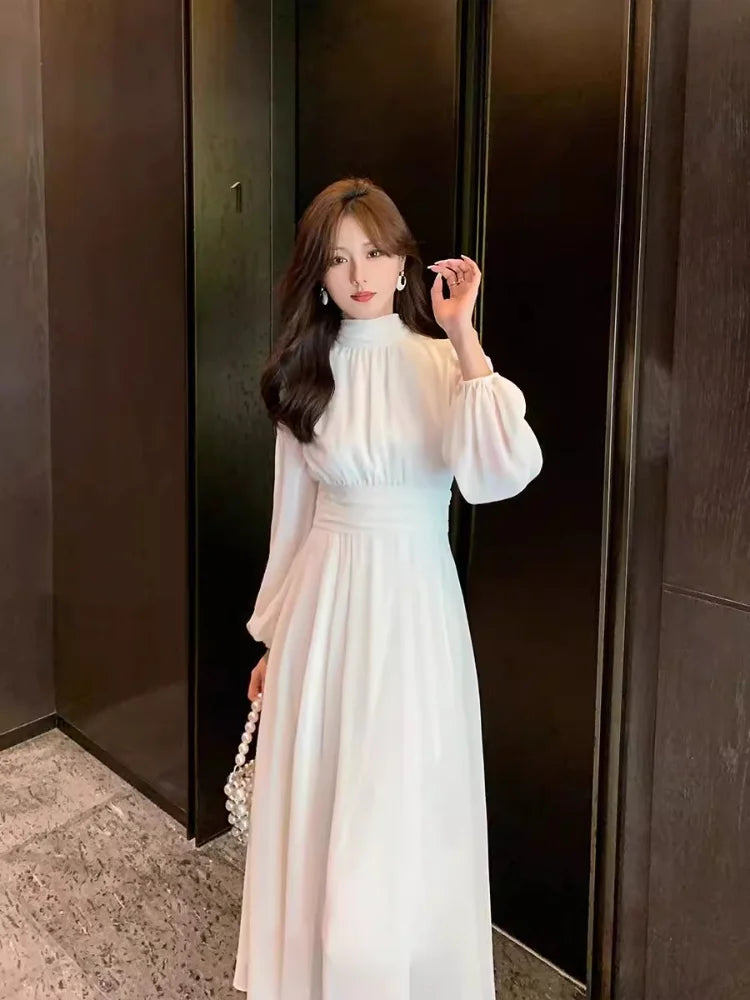 pantsparadises DRESS TO IMPRESS Spring Turtleneck White Midi Dress Women Long Sleeve French Elegant Temperament One Piece Dress Evening Party Prom Robe Female