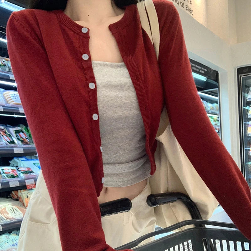 pantsparadises Red Cardigan Knit Early Autumn Women Clothes New Outdoor Crop Sweater Outerwear Long Sleeve Top Bottoming Shirt