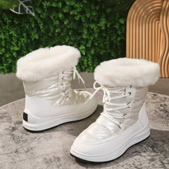 pantsparadises Women's Faux Fur Ankle Boots Chunky Platform Waterproof Snow Boots Women Silver Thick Plush Warm Winter Boots Shoes Woman 43