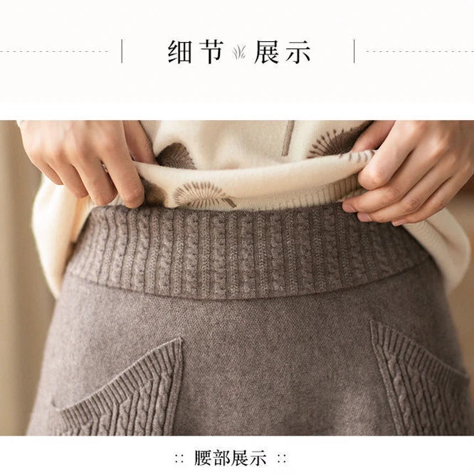 pantsparadises Autumn Winter Women's Knitting New Double Pocket Fluffy Loose Wool Medium And Long Girls' Skirt Leisure Daily Camel Color