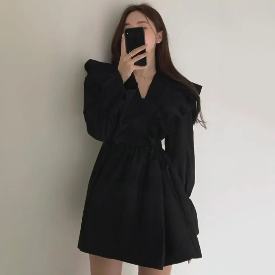 pantsparadises Dresses for Women Spring Short Mini Clothes Ruffle Woman Dress Long Sleeve Outfits Summer Cheap Casual Retro