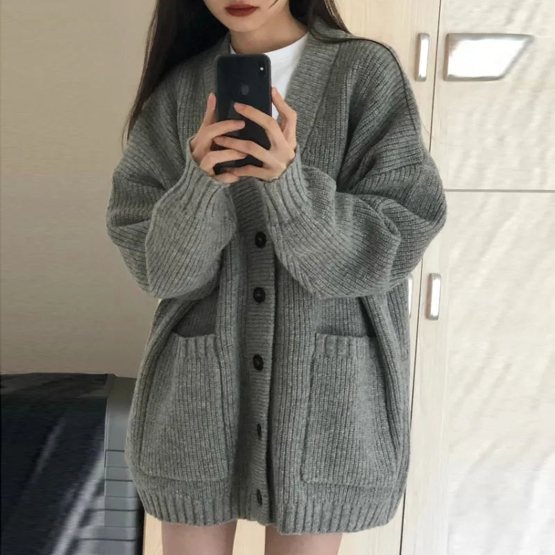 pantsparadises Autumn Winter Women Cardigan Sweater Coats Fashion Female Long Sleeve V-neck Loose Knitted Jackets Casual Sweater Cardigans