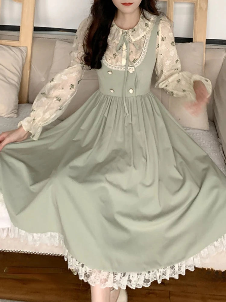 pantsparadises DRESS TO IMPRESS Green Elegant Vintage Strap Dress Women Spring Lace Evening Party Midi Dresses Ladies Retro Korean Sweet Kawaii Fairy Dress