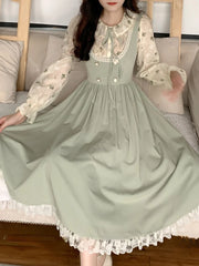 pantsparadises DRESS TO IMPRESS Green Elegant Vintage Strap Dress Women Spring Lace Evening Party Midi Dresses Ladies Retro Korean Sweet Kawaii Fairy Dress