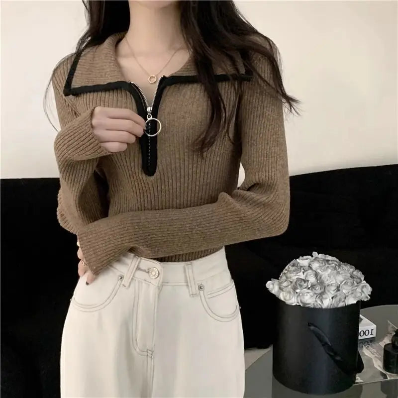 pantsparadises warm winter outfits Turn-down Collar Zipper Sweater Women Autumn Winter Fashion Solid Color Slim Knitwear Office Lady All-match Trend Knitting Tops