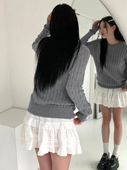 pantsparadises BACK TO SCHOOL OUTFIT Harajuku Gray Casual Sweater Y2K Knitted Long Sleeve Autumn Sweaters for Women Vintage Crew Neck Basic Jumper Korean