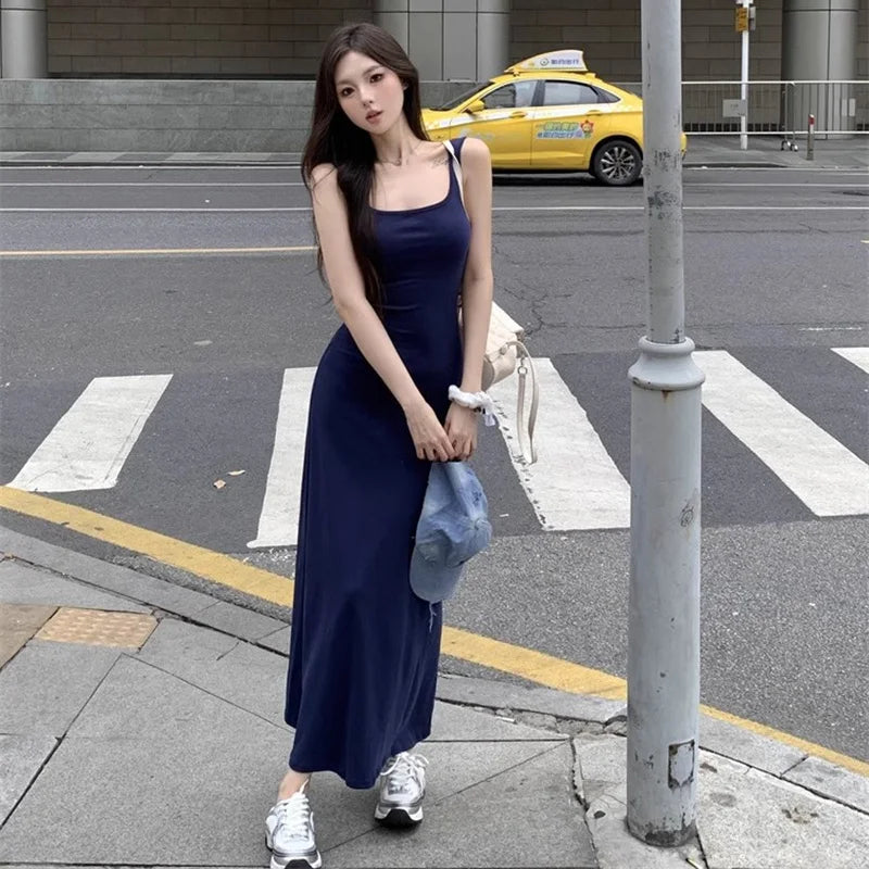 pantsparadises Summer Women Versatile Streetwear Dress Lady Fashion Navy Blue Suspender Dress Female Daily Off Shoulder Slim Fit Long Dress