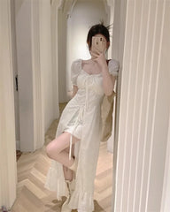 Korean Fashion Womens White Long Dresses Puff Sleeves Summer Elegant Party Dresses 2024 Casual Slim Female Sexy Dresses