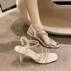 pantsparadises  French Rhinestone Sandals Fashion Fine Heel High Heel Sandals Women's Summer New Fairy Style Thin High Heels Shoes