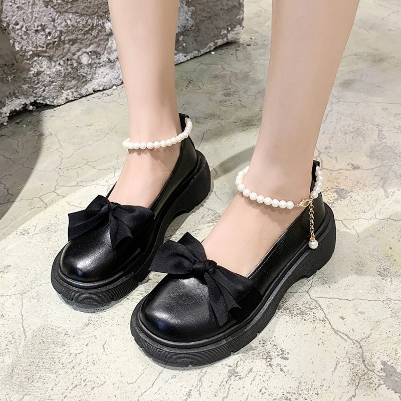 pantsparadises Fashion Mary Jane Shoes Women Spring/summer New Pearl Bow Single Shoe Chunky Heel Small Leather Shoes