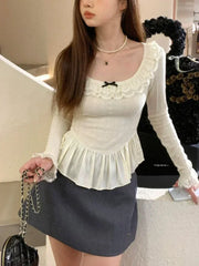 Coquette Korean Style White T-shirts Women Fairycore Cute Ruffles Long Sleeve Tees Y2k Sweet Slim Corset Tops Autumn