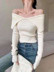 pantsparadises Autumn Winter Women Sweaters Casual Long Sleeve Knitted Pullover Sweater Basic Solid Sexy Off Shoulder Crop Top Fashion Clothes