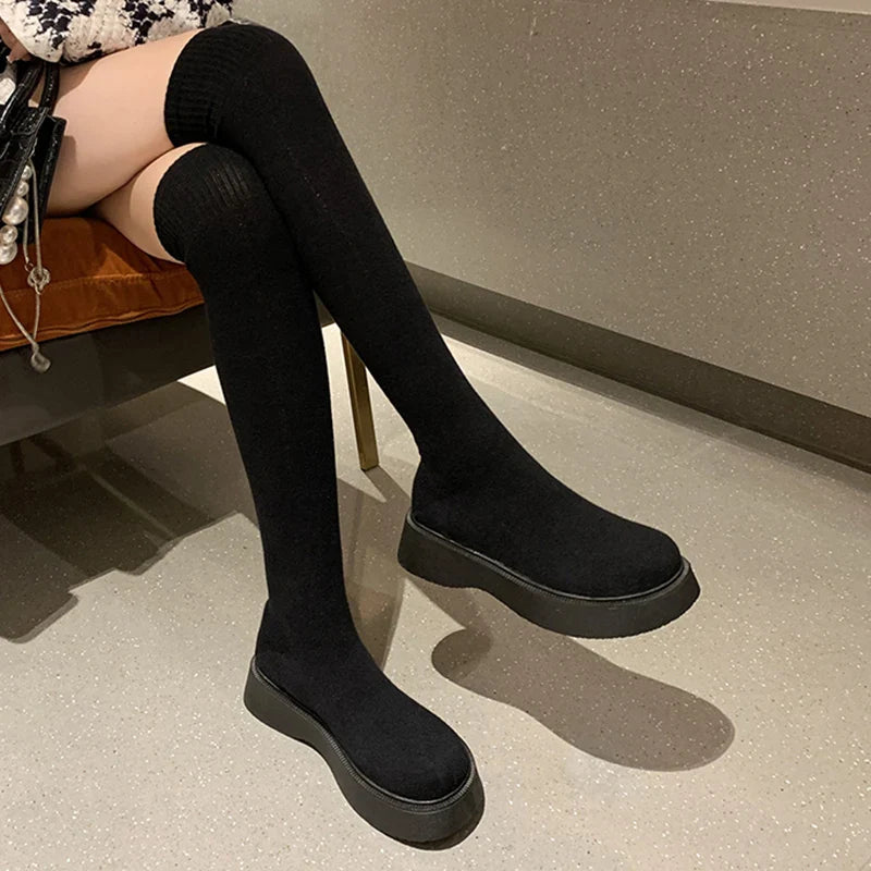 pantsparadises Autumn Winter Women Platform Over The Knee Boots Ladies Stretch Knitted Socks Long Boots Slip-On Thick Bottom Shoes Woman