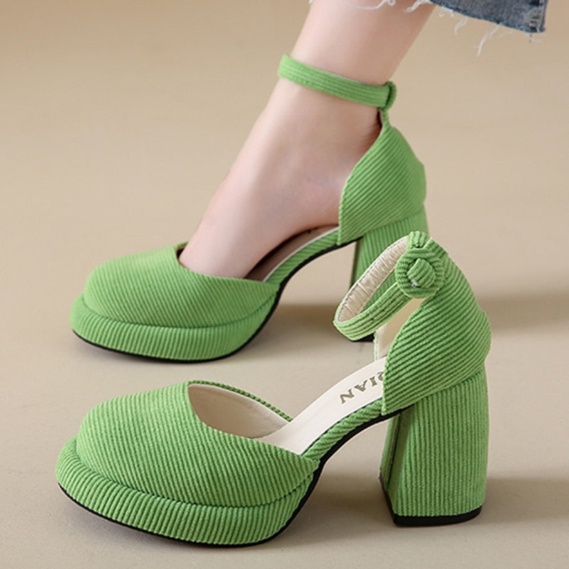 pantsparadises Green Ankle Strap Platform Pumps Women Corduroy High Heels Mary Jane Shoes Woman Elegant Chunky Heeled Party Dress Shoes