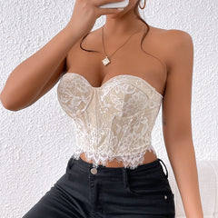 pantsparadises Sexy Lace Sleeveless Bare Shoulder Crop Top,Embroidery Floral Tube Top, Strapless Fishbone Corset Backless Camisole Vest