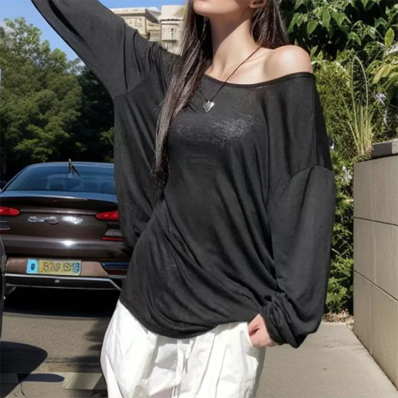 pantsparadises Sexy Sheer Baggy T-shirt for Women 2024 Summer Casual Fashion Loose Pullovers Chic Lazy Solid Color Off Shoulder Top Streetwear