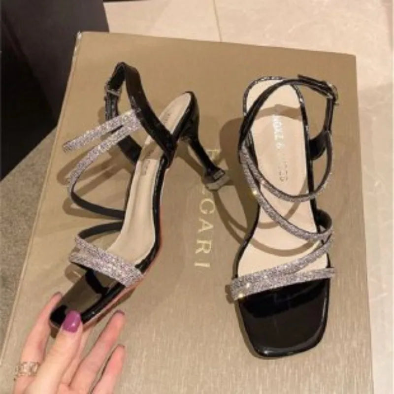 pantsparadises  French Rhinestone Sandals Fashion Fine Heel High Heel Sandals Women's Summer New Fairy Style Thin High Heels Shoes