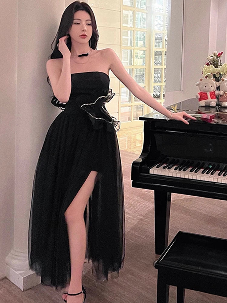 pantsparadises DRESS TO IMPRESS Summer Women Evening Dress Black Sexy Chest Wrapping Backless Slim Maxi Dresses Party Gown Birthday Robe Mujer Vestidos Fiesta