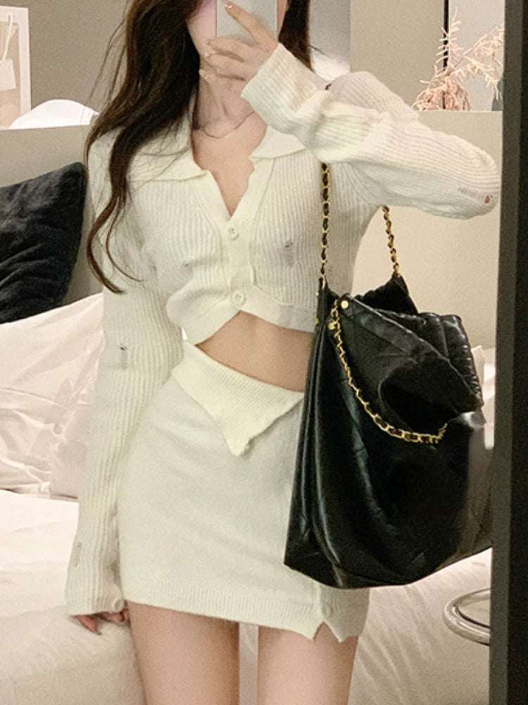 BACK TO SCHOOL OUTFIT Knitted 2 Piece Dress Set Dress Women Autumn Casual Long Sleeve Korean Style Sweater Suit Office Lady Elegant Y2k Chic Sets