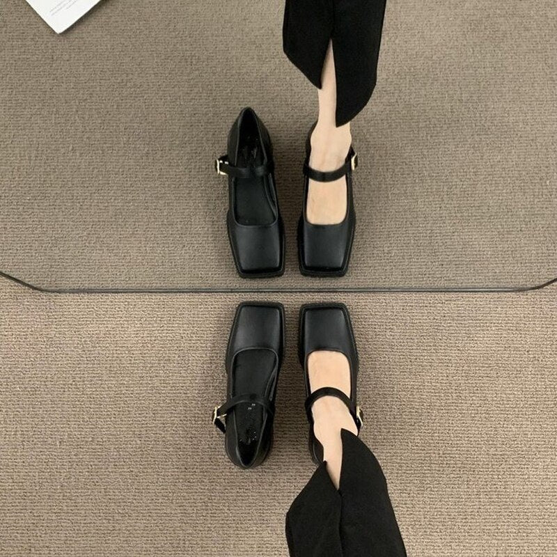 pantsparadises Loafers Women Platform Shoes Mary Janes Casual Leather Ankle Buckle Ladies Shoes Black Fashion Spring Autumn College Style