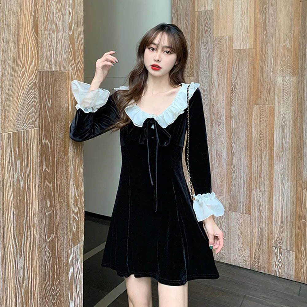 pantsparadises Christmas Red Dress Woman Autumn French Ruffle Velvet Splice Dress Ladies Flared Sleeve Bow Slim Party Mini Dress