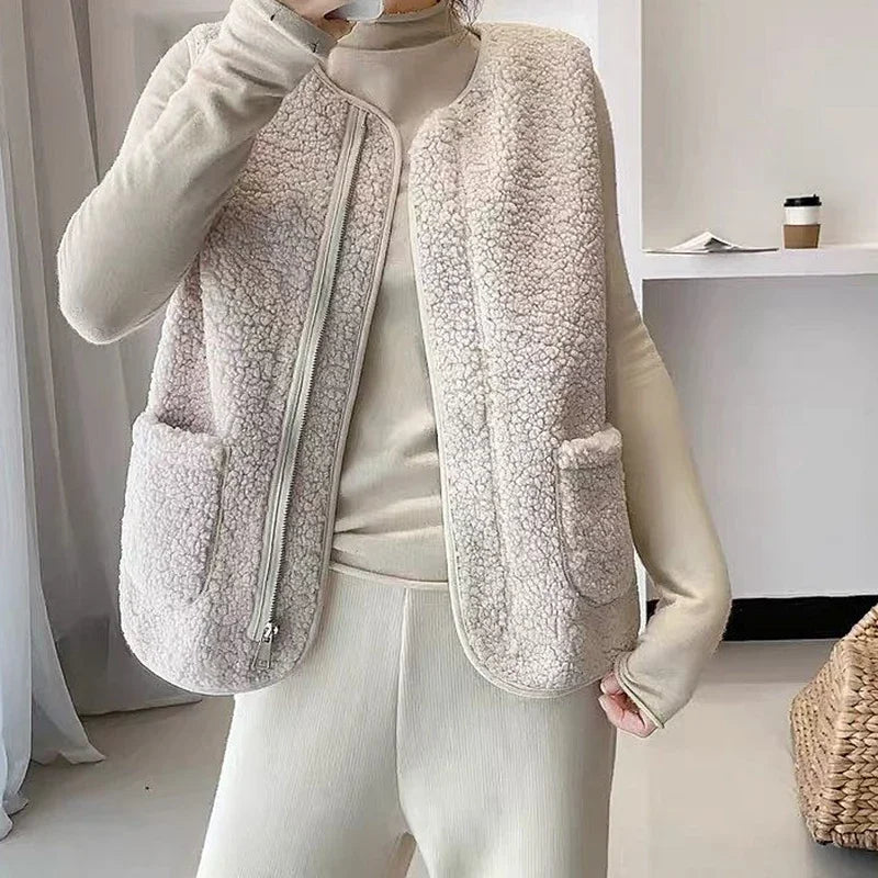 pantsparadises casual winter outfits Women Warm Faux Lamb Fur Sleeveless Coat With Pockets Zipper Casual Cardigan traf Jackets Office Coat Vest Winter Autumn