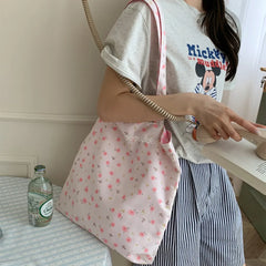 pantsparadises Pink Floral Canvas Shoulder Bag Handbag Korean Travel Beach Bag Double-sided Shopping Totes Bag Girl Lace Underarm Bag