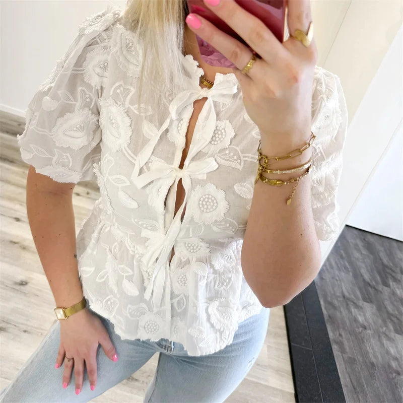 pantsparadises Babydoll Tops Women y2k Clothes Floral Embroidery Round Neck Puff Short Sleeve Shirts Elegant White Blouses Streetwear