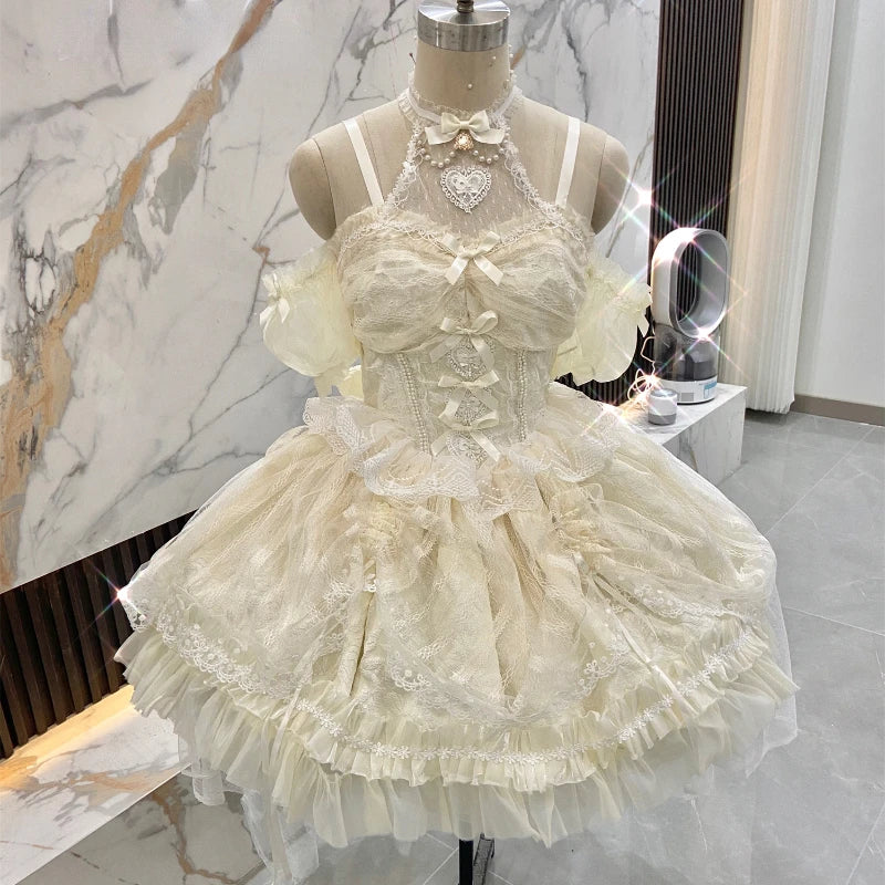 pantsparadises Japanese Sweets Lolita Jsk Dresses Kawaii Women Vintage Elegant Lace Mesh Princess Strap Dress Harajuku Lolita European Clothing