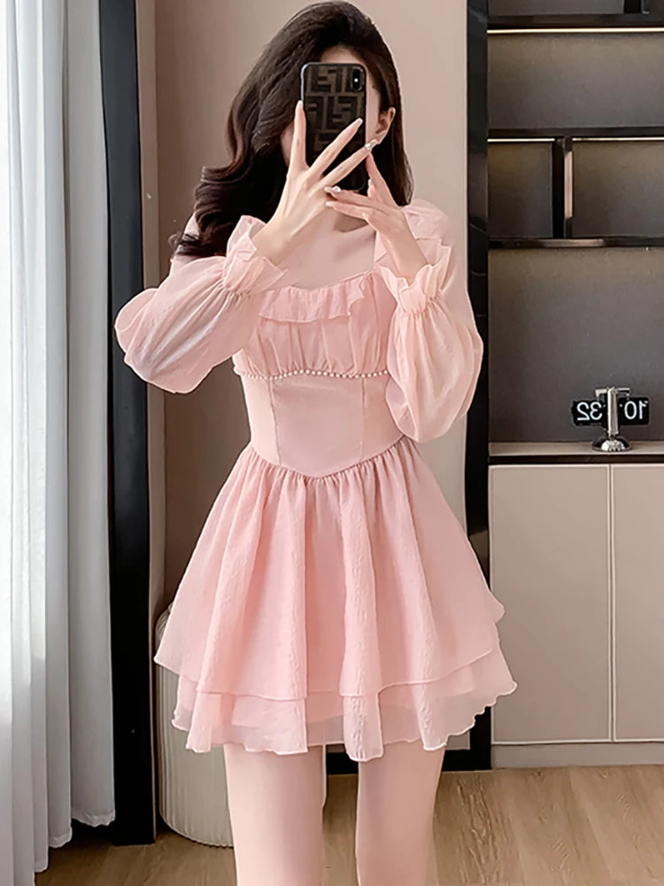 Women Pink Patchwork Chiffon Chic Ruffled Short Dress Spring Elegant Diamonds Kawaii Dress 2024 Korean Fashion Bodycon Vestidos