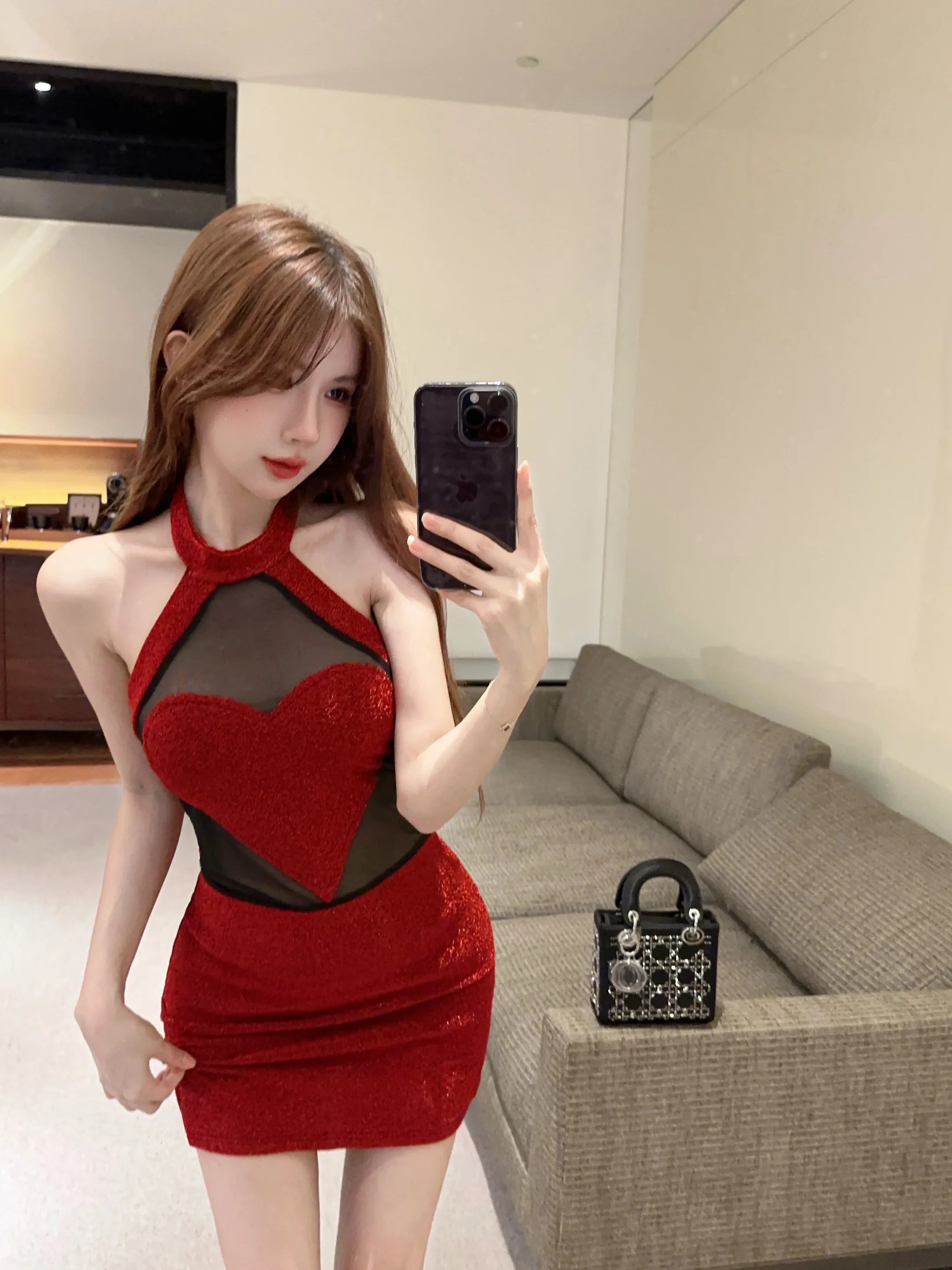 pantsparadises Sexy 3D Heart Halter Red Night Party Dress Women Summer Sweet High Waist Backless Slim Fit Sleeveless Y2k Mini Dresses