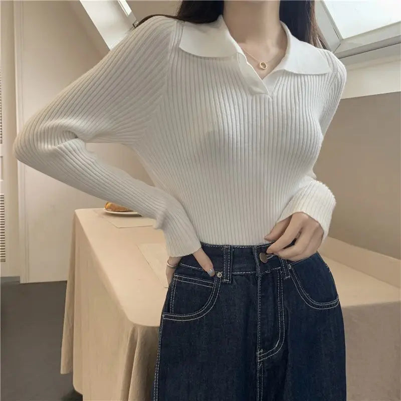 pantsparadises FALL OUTFITS Knitted T Shirts For Women Clothes Streetwear High Quality Clothing Womens Polo Neck Tee Shirt Aesthetic Hot Top Vintage Striped