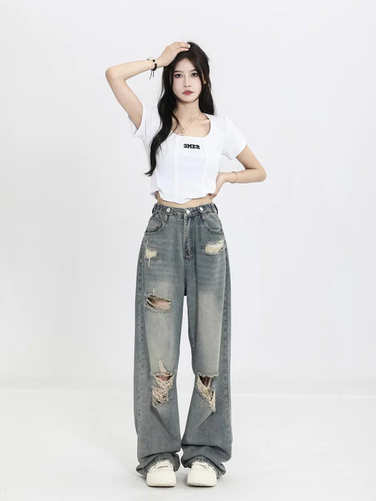 pantsparadises Vintage Y2K Ripped Jeans Women Blue High Waist Straight Loose Denim Trousers Wide Leg Pants Streetwear Oversize