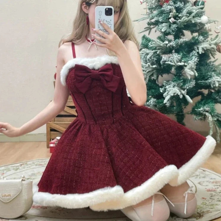 pantsparadises Christmas Outfits Sweet Lolita Style Dress Sets Women Elegant Bow Plush Shawl Short Jackets Mini Skirts Suit Kawaii Christmas New Year 3 Piece Set