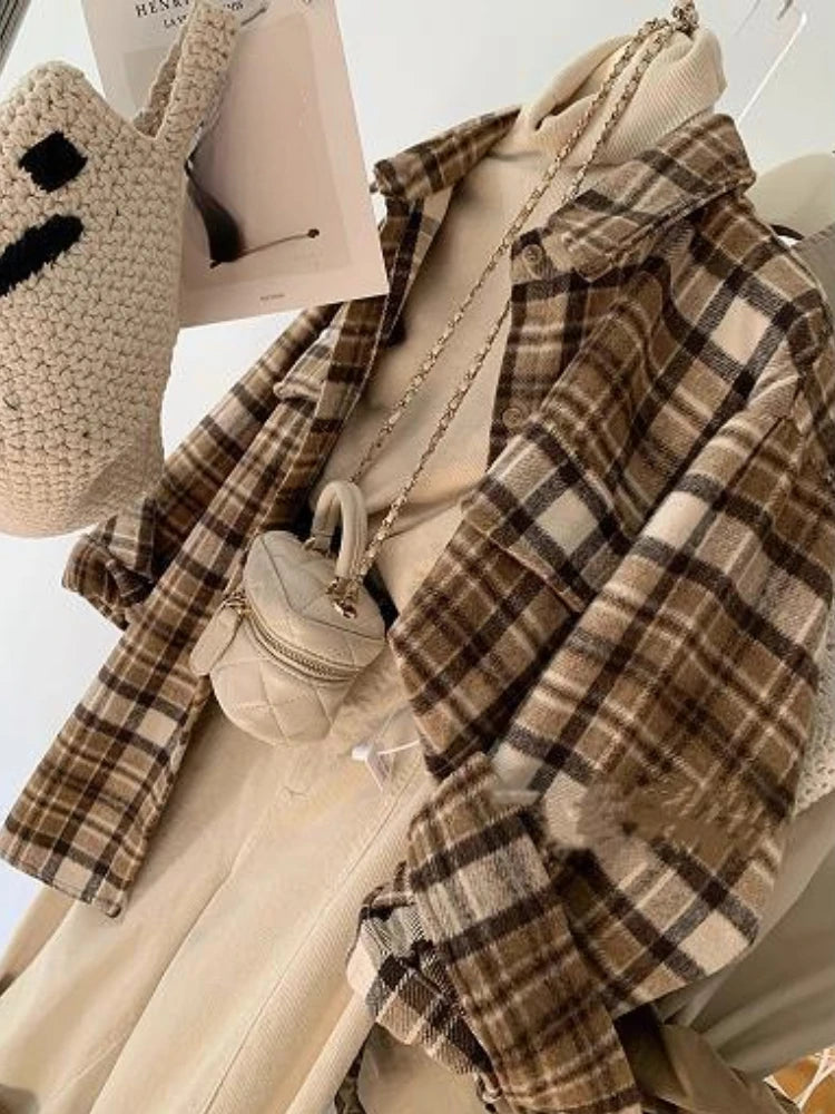 pantsparadises FALL OUTFIT Plaid Woolen Shirts Women Tops Vintage Baggy Casual Outwear Fashion Korean Style Pockets All-match Chic Lapel Camisas De Mujer