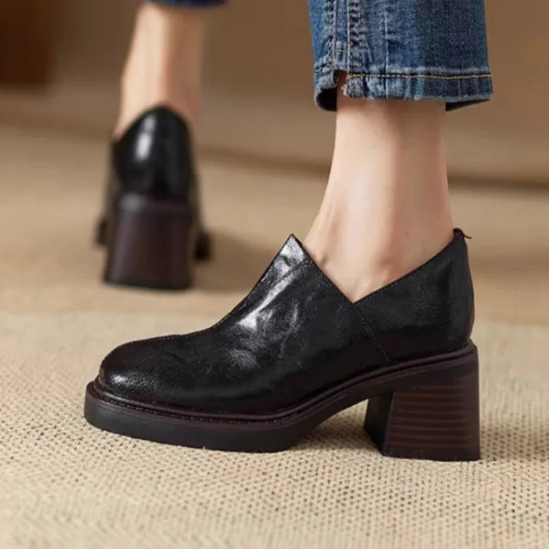 pantsparadises New Women's Pumps Chunky Heels Shoes Ladies' Thick Bottom Shoes Luxury Loafers Platform Shoes Square Head High Heels