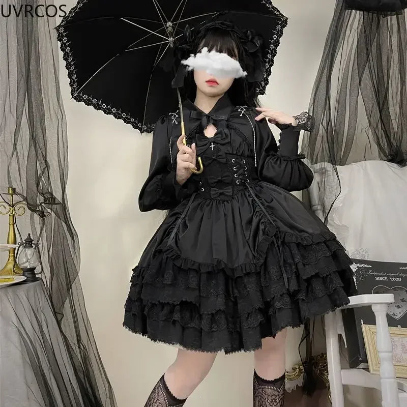 pantsparadises Japanese Victorian Gothic Lolita Dress Women Punk Style Sweet Lace Bow Eveing Party Dresses Harajuku Y2k Cosplay Princess Dress