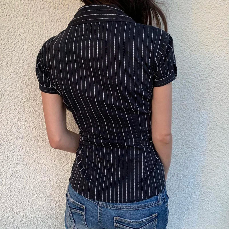 pantsparadises Black Striped Print Blouse Vintage 2000s Button Up Puff Short Sleeve Crop Top Women Korean Fashion T Shirt Streetwear y2k