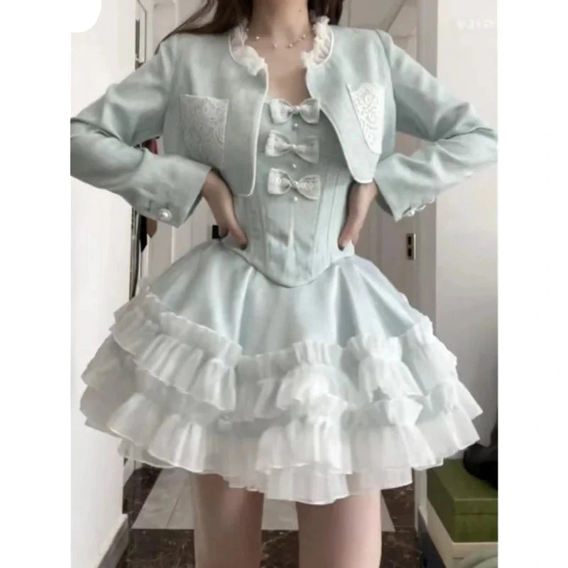 pantsparadises Blue Sweet Kawaii Lolita Style Dress Sets Women Elegant Short Coat Bow Pearl Party Mini Dresses Suit Korean Y2k Sexy 2 Piece Set