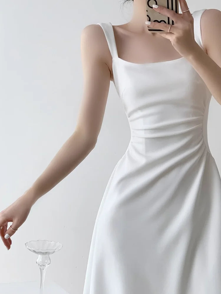 pantsparadises DRESS TO IMPRESS Summer Evening Party White Long Dress Office Lady Slim Sexy Sleeveless Strap Dress Beach Style Women One Piece Dress Korean