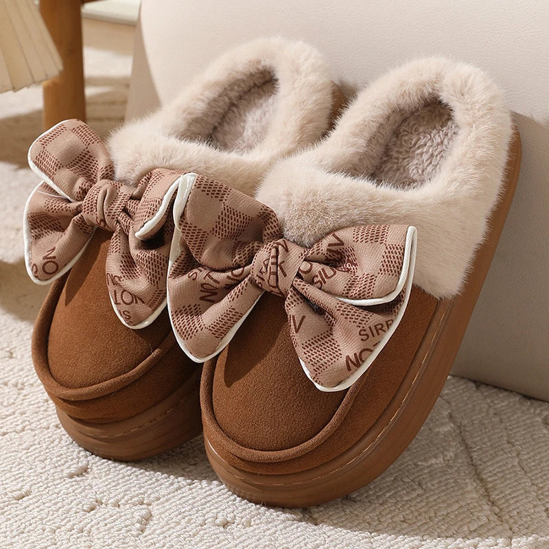 pantsparadises Women's Warm Home Slippers Cute Autumn Winter Bow Thick Plush Non-Slip Leisure Shoes Soft Bedroom Platform Flat Slides