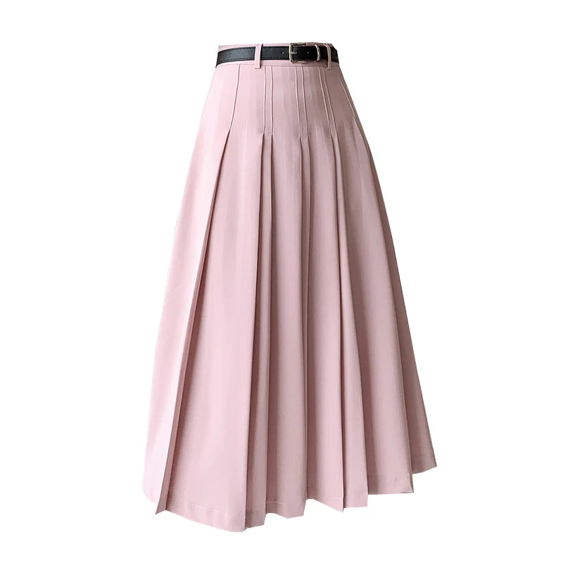 pantsparadises Spring Summer High Waist Midi Pleated Skirts Womens Fashion A-line Casual Suit Skirt Ladies Elegant Vintage Umbrella Skirt