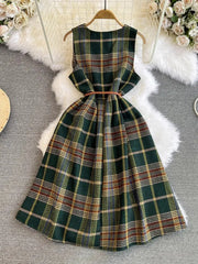 pantsparadises Autumn Winter Plaid Woolen Dress Women Vintage V Neck Sleeveless Long Dress With Belt Streetwear Sundress