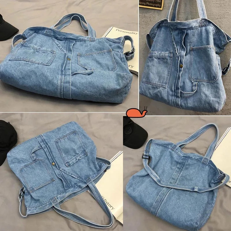 pantsparadises BACK TO SCHOOL Denim Tote Bags for Women and Man Large Capacity Design Handbag Unisex Casual Blue Shoulder Shopping Pack Jeans Japan Style Y2K